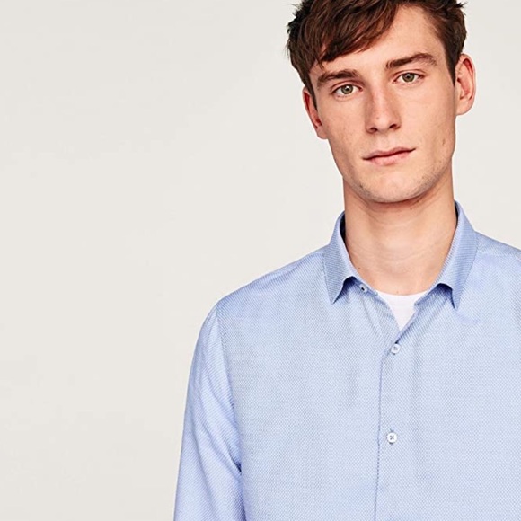 Zara Man NWT Denim Blue Button Up with Patterned Elbow Patch Top Medium - Picture 2 of 10